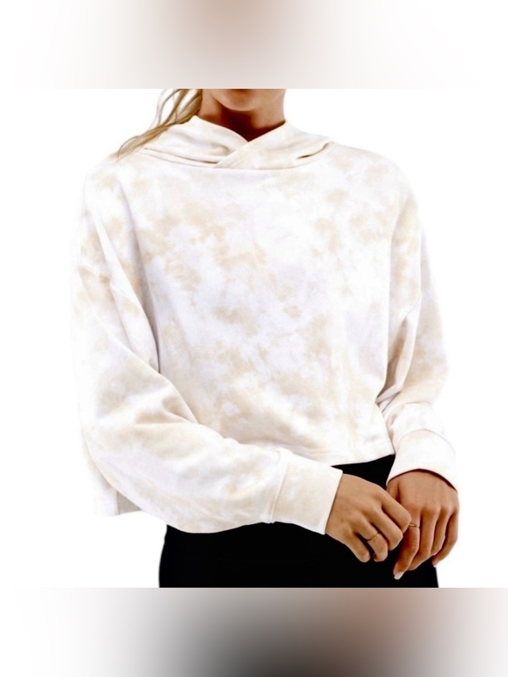 FABLETICS Hoodie Women 2X Cropped Cream Beige Tie Dye Eco-Conscious Fabric NWT